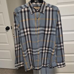 Burberry Men's XL Long Sleeve Cotton Poplin Check Shirt Blue Black White Yellow